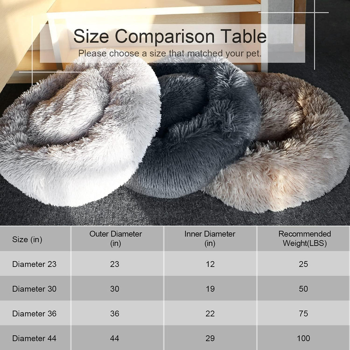 Dog Bed, Cat Calming Bed, Faux Fur Pillow Pet Donut Cuddler Round Plush Bed for Large Medium Small Dogs and Cats (44"x44"(Pack of 1), Camel)