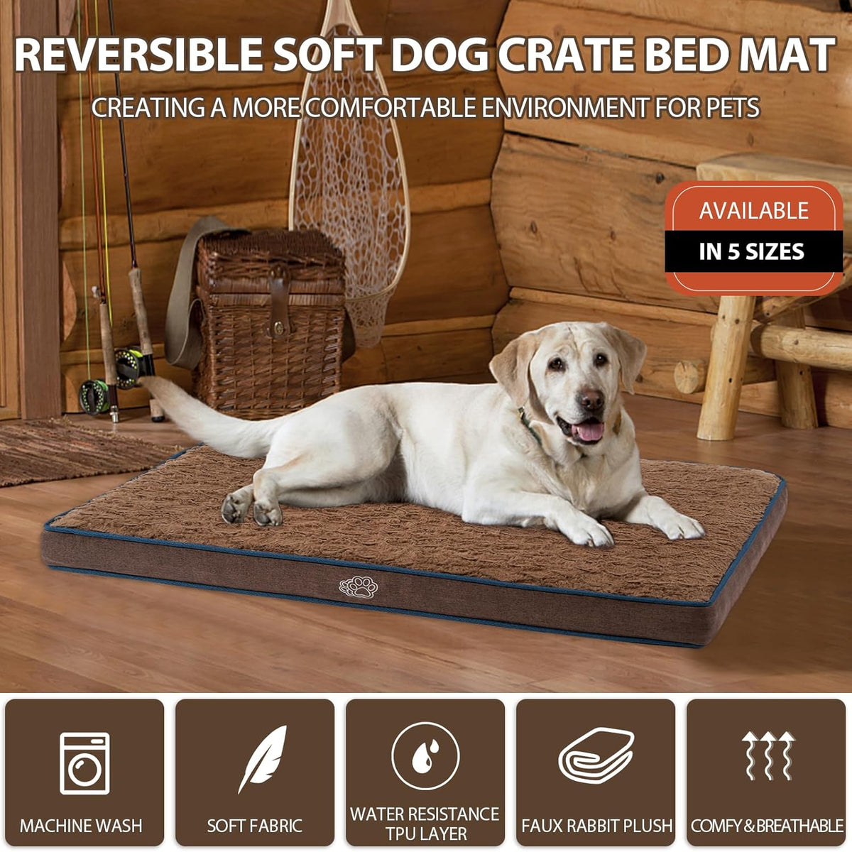 EMPSIGN Dog Bed Mat 23 Inch Reversible Warm & Cool,Washable Dog Crate Bed with Egg Crate Foam Support, Pet Sleeping Mat for Large Medium Small Dogs, Fluffy Kennel Pad(Brown)