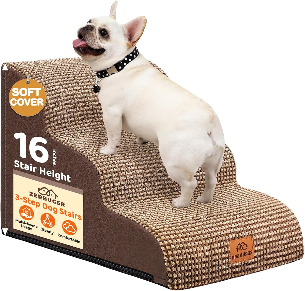 Dog Ramp and Stair for Bed 16" H-20 H,3-Step Cat Stair for Sofa and Chair,4-Step Dog Ramp for High Bed and Window,Durable Nonslip Fabric Cover for Indoor (Coffee-16 H, Pet Friendly, 3)