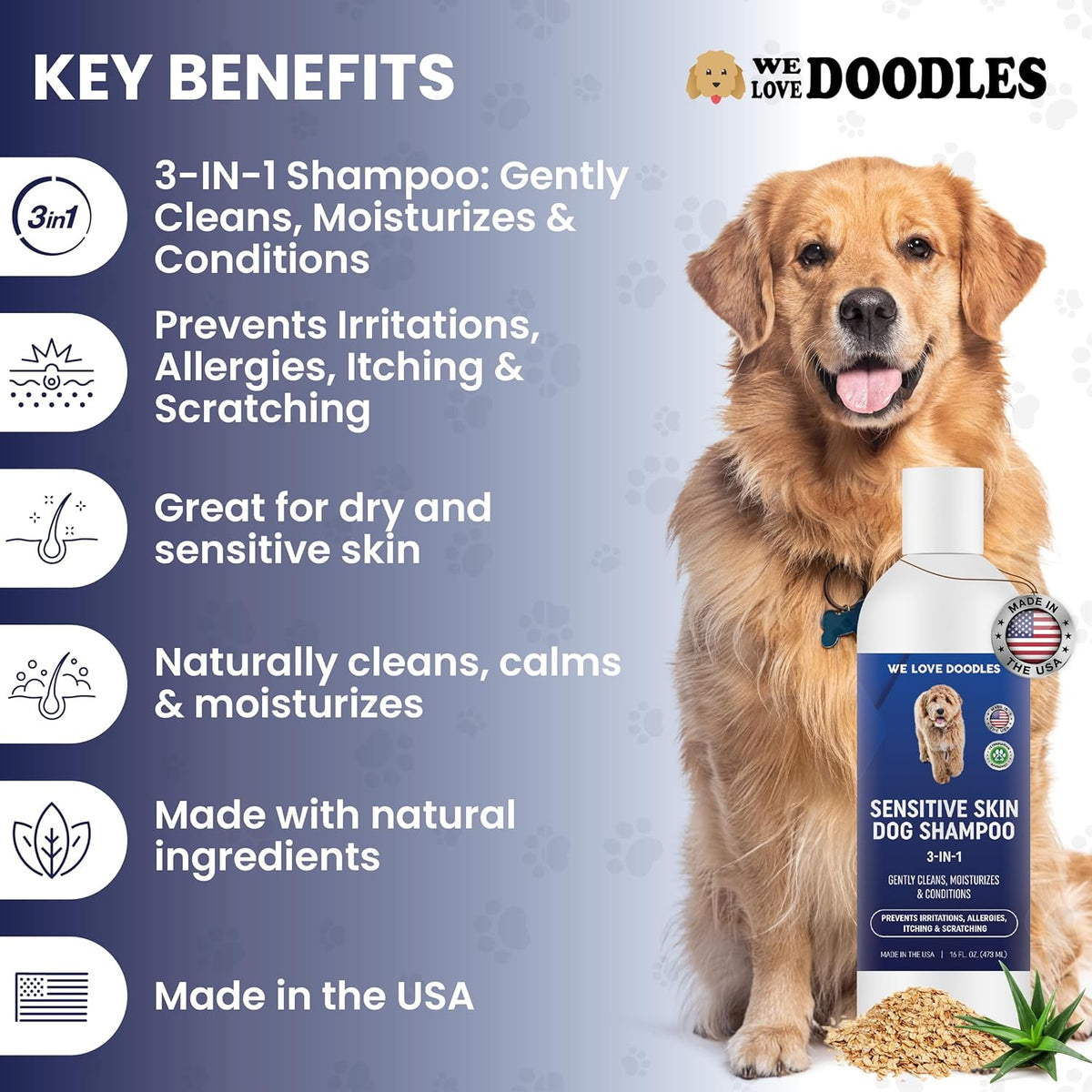 Premium 3-in-1 Sensitive Skin Dog Shampoo, Great for Allergies, Itching, Scratching, Anti-Itch Shampoo for Dogs with Oatmeal & Aloe, Made in USA, Natural Ingredients, 16 oz [We Love Doodles]