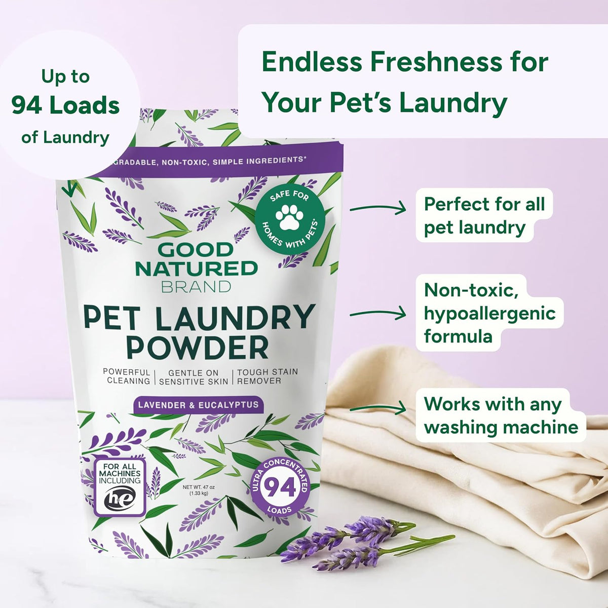 Good Natured Brand | Pet Stain & Odor Remover for Laundry | Pet Laundry Detergent for Dogs Beds, Cat Pee, Smell, Dog Drool | Hypoallergenic & Non-Toxic | Lavender | 47oz 94 Loads