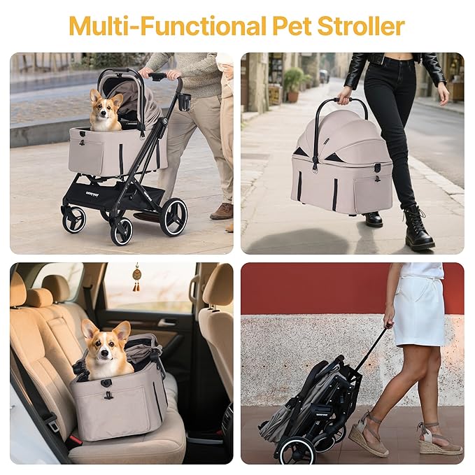 BEBEROAD X3 2 in 1 Pet Stroller for Medium or Two Small Dogs & Cats 4 Wheels Lightweight Foldable Carrier Dog Stroller with Waterproof Weather Cover Cup Holder,Storage Basket(Camel)