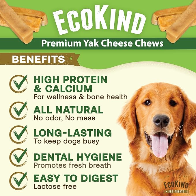 EcoKind Premium Gold Yak Cheese Himalayan Dog Chews, Dog Treats Large Breed, All Natural, High Protein, for Aggressive Chewers, Large - 1 Chew