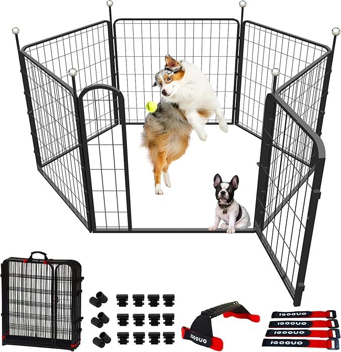 Dog Playpen Indoor/Outdoor,32'' Portable Dog Crates with Easy-Carry Straps,6 Panels Dog Pen Play Pen for Small/Medium Dogs,Rustproof Metal Pet Playpen for Camping RV Yard (with One Door)