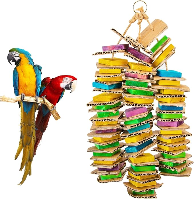 MYFAMIREA Parrot Toys for Medium Birds, Parrot Chewing Cardboard Toys Natural Wooden Macaws Cage Chewing Gifts for African Greys, Cockatoos, Macaws, Small and Medium Birds