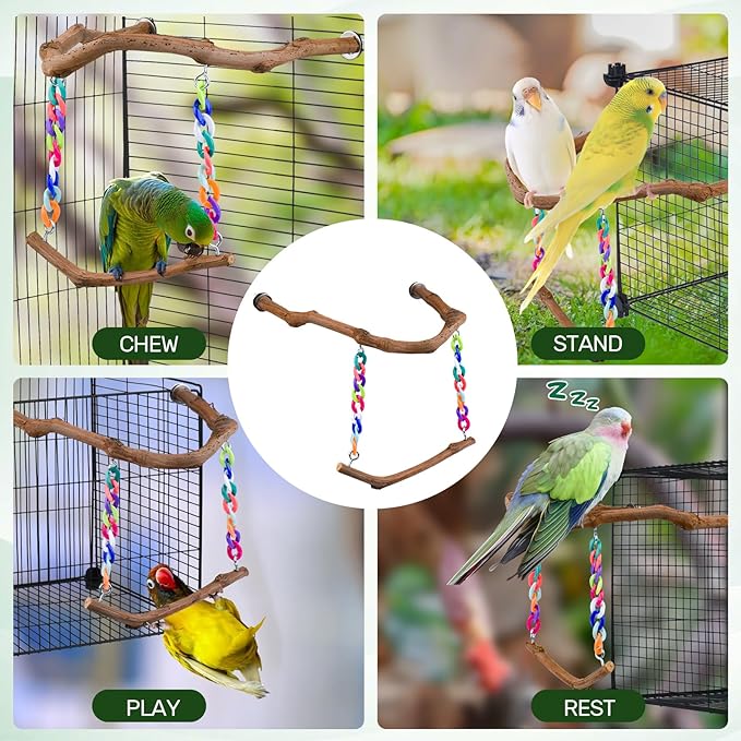 Bird Swing Toys, Standing Bird Perch with Natural Grape Wood, U Shape Hangable Birdcage Accessories, Birds Chewing Toy for Budgerigars, Parakeets, Cockatiels, Conures, Lovebirds, Finches (1Pack)