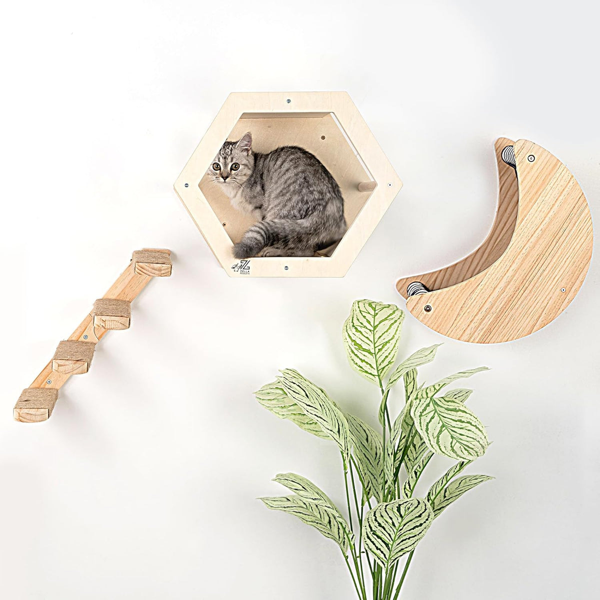 3-Piece Cat Wall Furniture Set - Hammock, Hexagon House, Climbing Steps - Wall Mounted Shelves, Perches, and Beds - Modern Design for Large Cats and Kittens & Spare Hammock Fabric Included