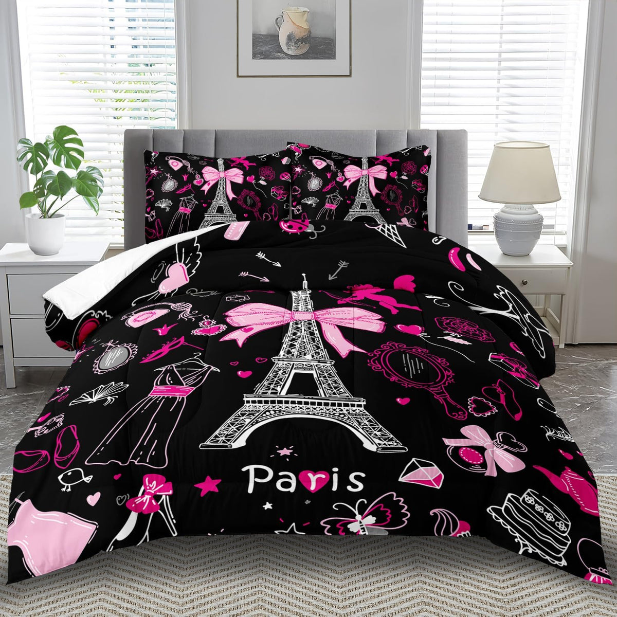 Eiffel Tower Comforter Set King Size,Eiffel Tower Bedding Set for Girls, Pink and Black Paris Themed Comforter Bedroom Decor,Paris Quilt French Style Romantic Bedding