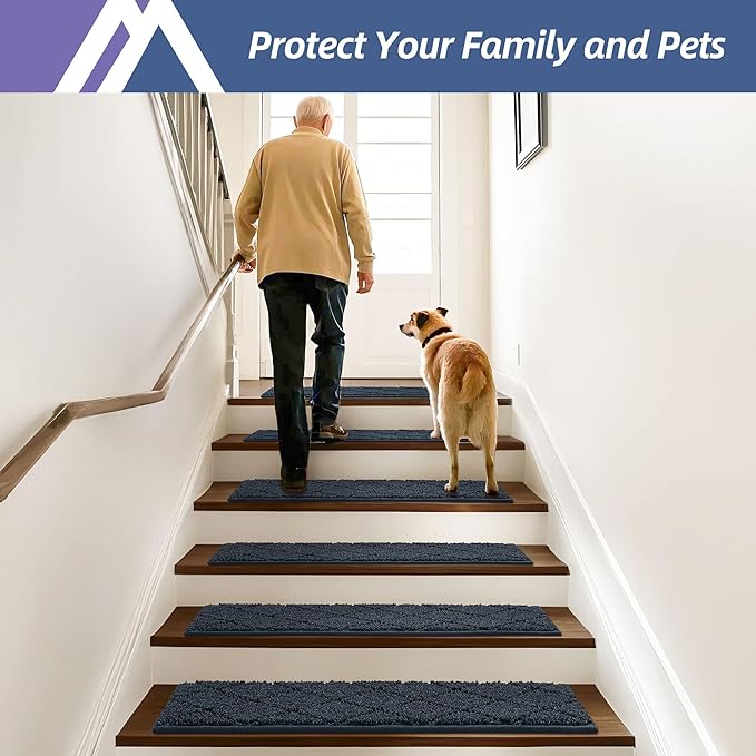COSY HOMEER Edging Stair Treads Non-Slip Carpet Mat 28inX9in Indoor Stair Runners for Wooden Steps, Edging Stair Rugs for Kids and Dogs, 100% Polyester TPE Backing (15pc, Navy)