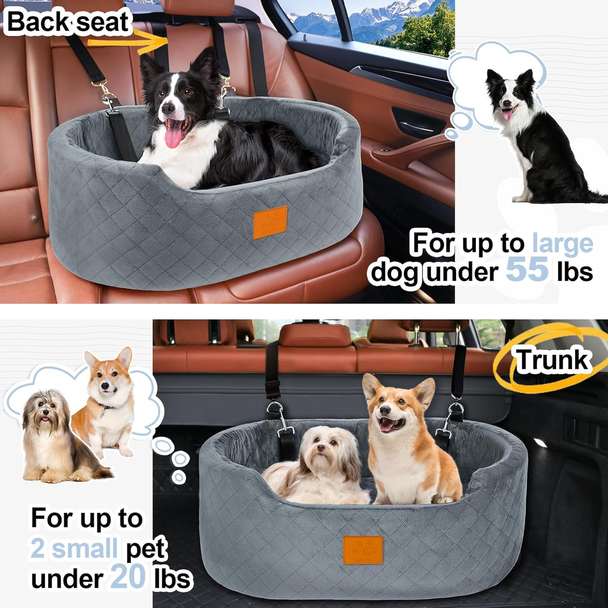 Dog Car Seat for Medium & Large Dogs up to 55 lbs, Elevated Booster Seat with Anti-Slip Base, Detachable & Machine-Washable Pet Car Bed for SUV/Sedan (Gray)