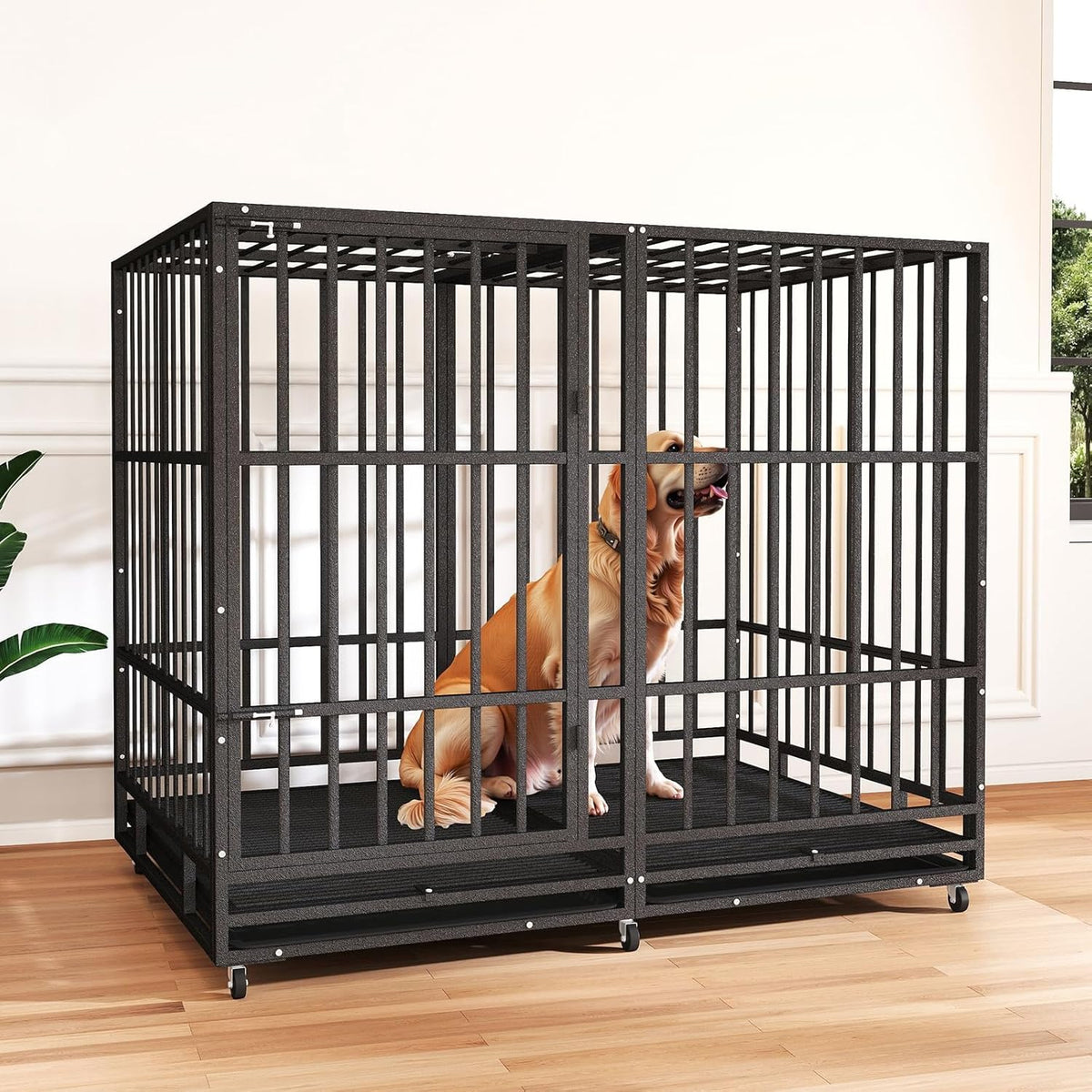 54 in Heavy Duty Indestructible Dog Crate Steel Escape Proof, High Anxiety Cage with Wheels, Removable Tray, Extra Large Dog Kennel XL XXL