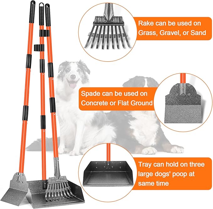 TNELTUEB Scooper Adjustable Long Handle Metal Tray Rake and Spade Poop Scooper for Dogs Pack Poop Scoop Pet Waste Removal Poop Scoop for Large Dogs and Pets Great for Lawns Grass Gravel