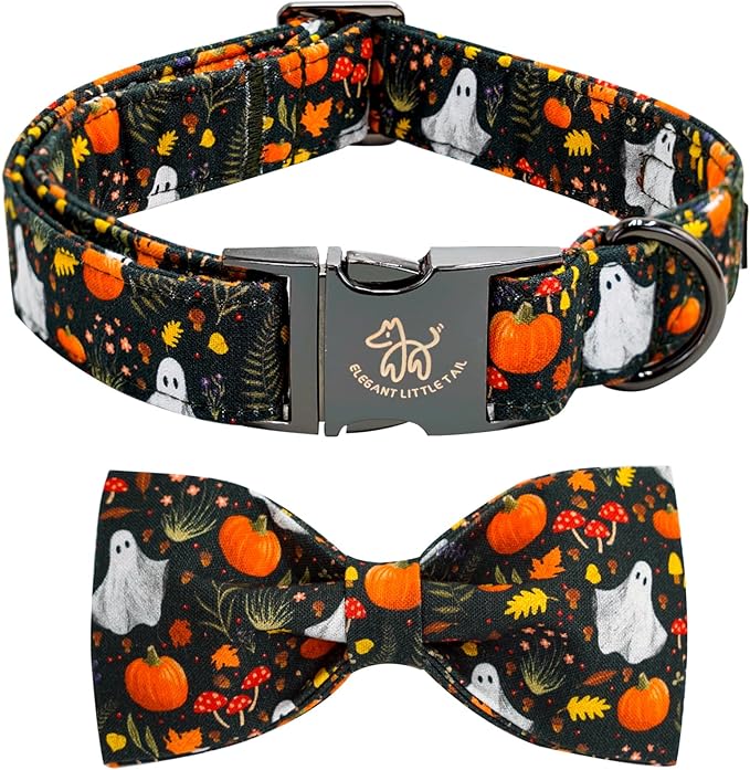 Elegant little tail Fall Dog Collars, Ghosts Pumpkin Print Halloween Pet Collar Puppy Male Cotton Dog Collar with Bow Adjustable Collars for Small Medium Large Dogs
