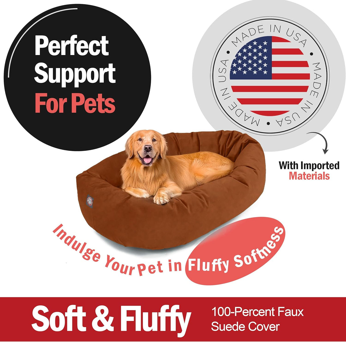 Majestic Pet 40 Inch Suede Calming Dog Bed Washable 40x29x9 (Inch) – Cozy Soft Round Donut Dog Bed with Spine Support for Dogs to Rest Their Head - Pet Bed Large – Rust (2025)