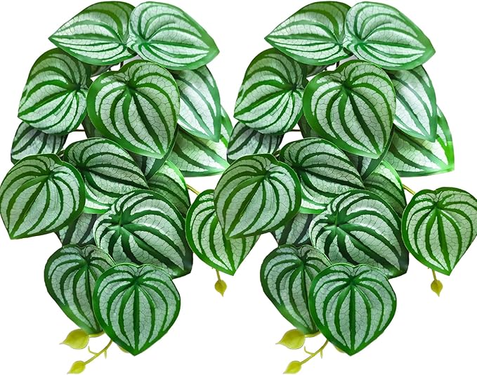 Woyrise 2 Pack Reptile Plants, Terrarium Hanging Plant Vines, Artificial Leaves with Suction Cup, Bearded Dragon Tank Accessories for Gecko Lizard Snake Frog Tortoise Decorations - Calathea Orbifolia