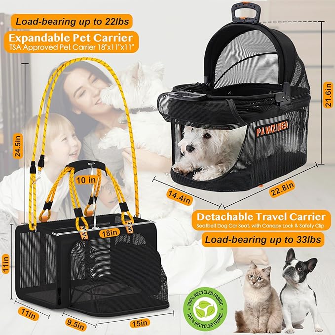 PAWZIDEA Double Pet Stroller with 2 Detachable Carriers, Portable Dog Crate for Car Travel & TSA-Approved Expandable Cat Carrier, Foldable Lightweight Jogger Stroller for 2–4 Cats or Small/Medium Dogs