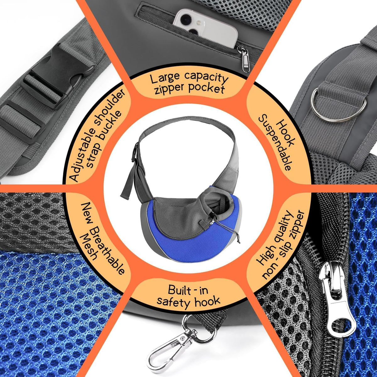 YUDODO Pet Sling Carrier for Small Dogs & Cats – Hands-Free Puppy Carrier with Safety Hook, Large Zipper Pocket, Soft Breathable Mesh, Adjustable Strap & Reflective Strip (Blue 1.0 M)