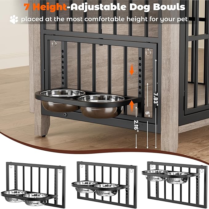 Lulive Dog Crate Furniture, Wooden Dog Kennel Indoor with Adjustable 360°& Height Dog Bowls, Double Doors Furniture Dog Crates End Table for Small/Medium 31.5" L*22.5" W*25.6" H, Grey