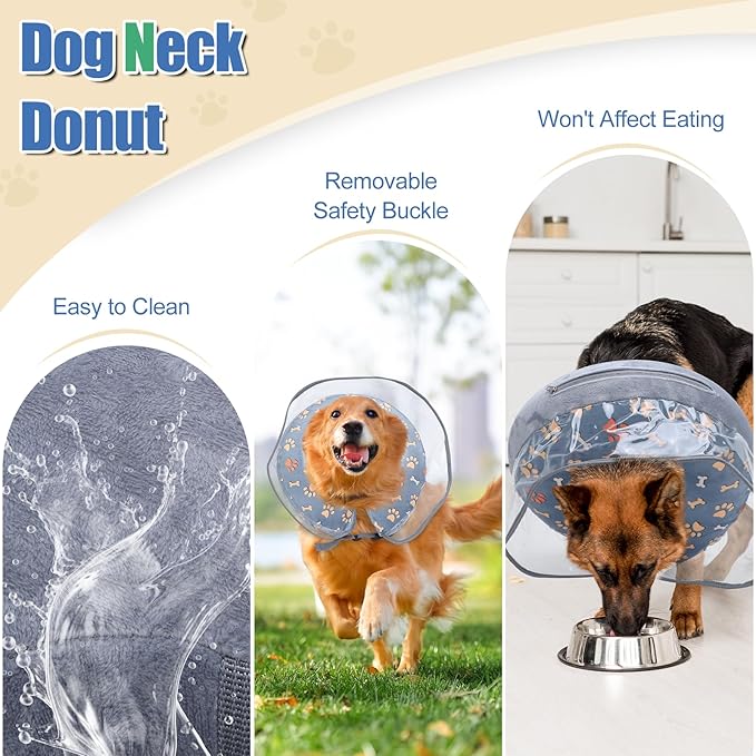 Inflatable Dog Cone Collar, Adjustable Size Soft PVC 2-in-1 Dog Donut Collar After Surgery with Detachable, Inflatable Collar for Small Medium Large Dogs and Cats (Grey, Medium)