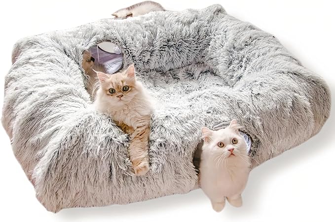 XxingSheep 4 Cave Shuttled XL Cat Tunnel Bed for Indoor Cats Peekaboo Toy Donut with Warm Mat