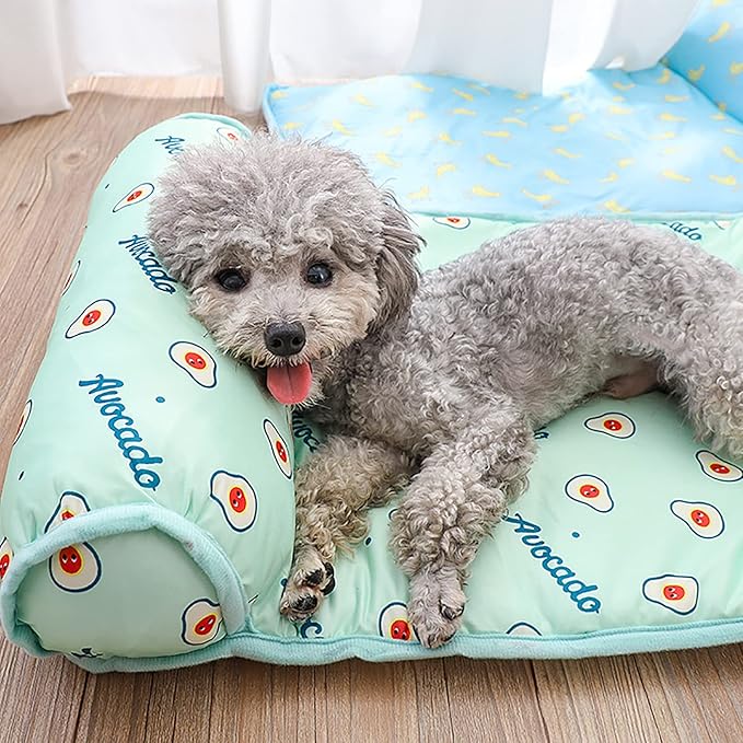 PUMYPOREITY Cooling Dog Bed, Pet Cooling Mat with Pillow, Ice Silk Cooling Dog Blanket, Self Cooling Pad for Cat,Dog, Washable Summer Pet Mat for Kennel, Crates, Sofa, Floor, Green, S