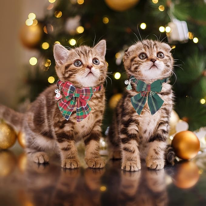 ADOGGYGO Christmas Cat Collars Breakaway with Removable Bow Tie, 2 Pack Red Green Plaid Christmas Collar for Cats Kittens
