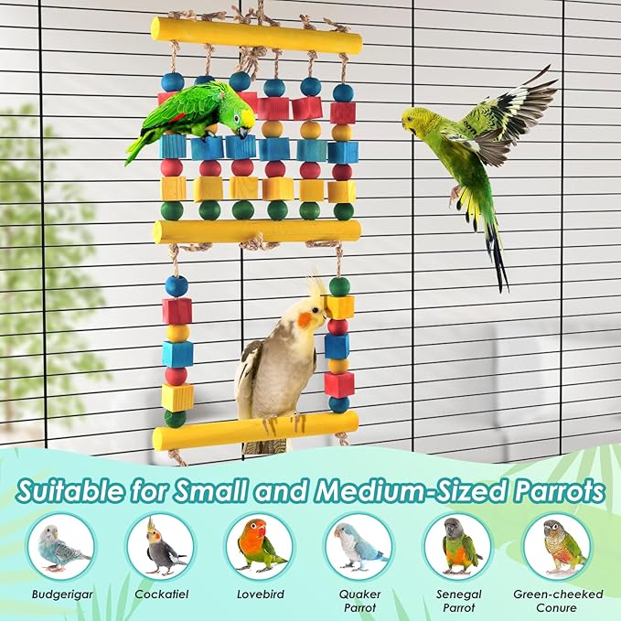 Bird Toys, Parrot Chew Swing Toy with Perches Stand, Hanging Colorful Wood Block Bird Cage Accessories for Small to Medium Quaker African Grey Budgie Cockatiels Amazon Parrots