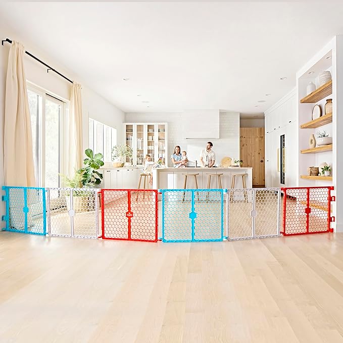 Regalo Safety 192-Inch Super Wide Baby Gate and Play Yard, 2-in-1 Convertible Plastic Baby Gate, Extra Wide Safety Barrier, Hardware Mounted, Adjustable Panels for Openings, Ages 6–24 Months