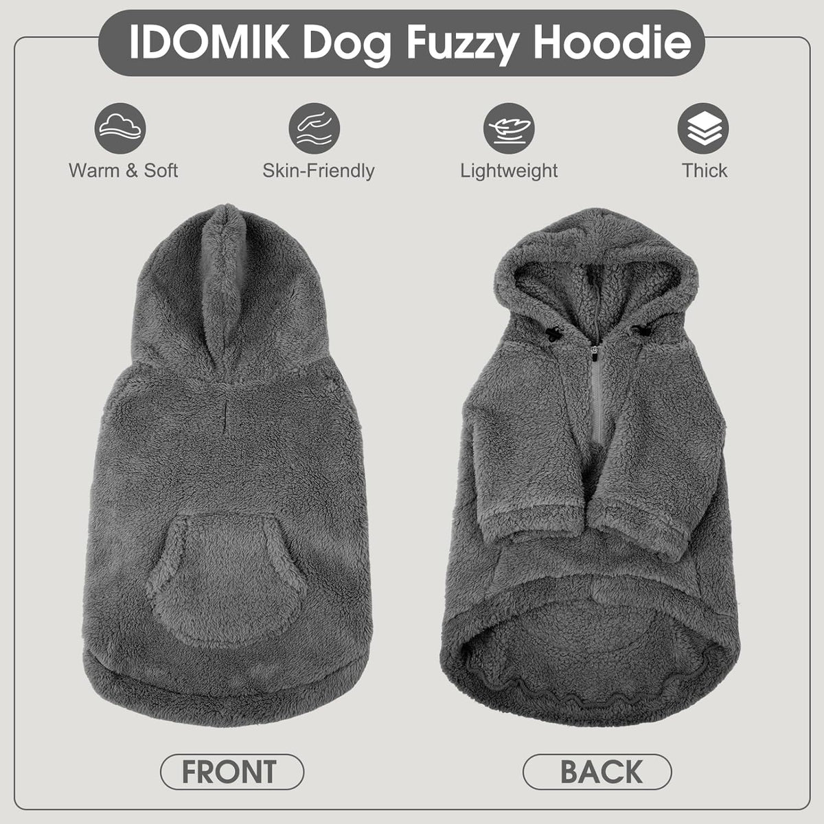 IDOMIK Fuzzy Dog Sweater with Adjustable Hood, Warm Fleece Dog Sweater Hoodie with Harness Hole & Pocket, Pullover Sweaters for Large Dogs, Fuzzy Hooded Sweatshirt for Fall Winter Christmas,Grey,XL