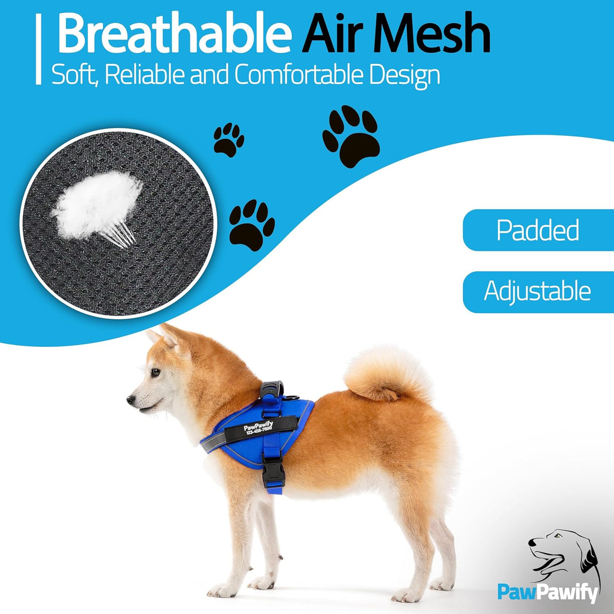 PawPawify Custom No Pull Dog Harness with Name and Phone Number, Heavy Duty Personalized Pet Vest to Prevent Tugging, Pulling, or Choking, Training and Walking (New Blue, M (20-40 LBS))