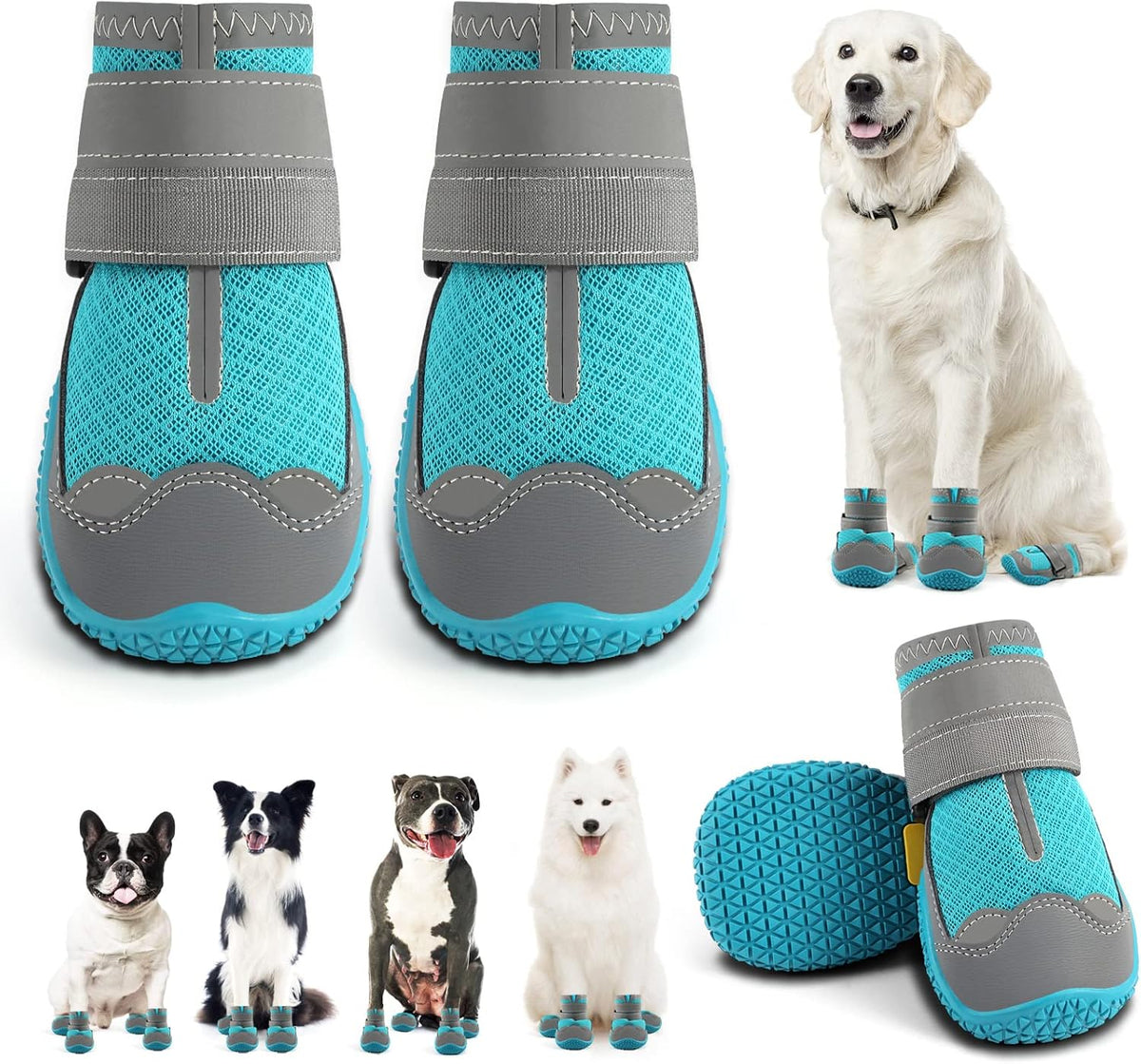 Dog Shoes for Large Dogs, Medium Dog Boots & Paw Protectors for Hardwood Floors, Outdoor Dog Booties for Hot Pavement Winter Snow Hiking, Breathable Dog Shoes with Reflective Strips Size 4