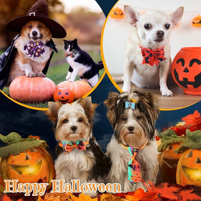 Talltalk 360 Pcs Halloween Dog Bow Ties Collars Set Adjustable Thanksgiving Christmas Fall Xmas Dogs Neckties Grooming Accessories for Small Medium Large Pet Cat Decoration(Pumpkin)