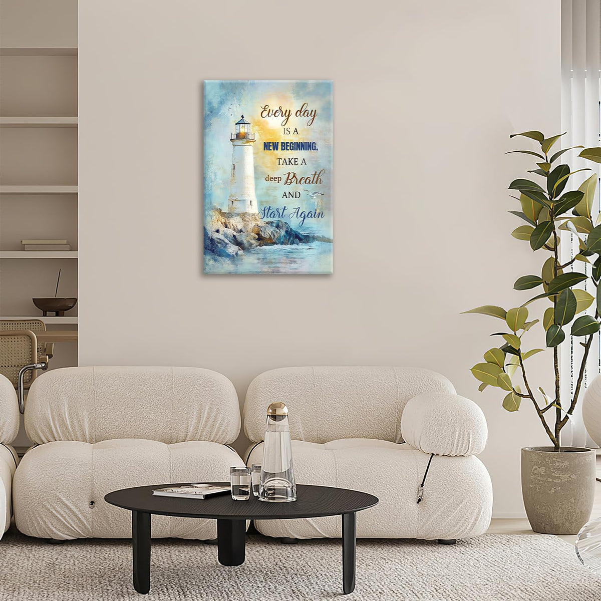 Ocean Lighthouse Pictures Wall Art, Coastal Nautical Bathroom Wall Decor Every Day is a New Beginning Motivational Quote Framed Painting Canvas Artwork for Bedroom Living Room Decorations 24"L x 16"W