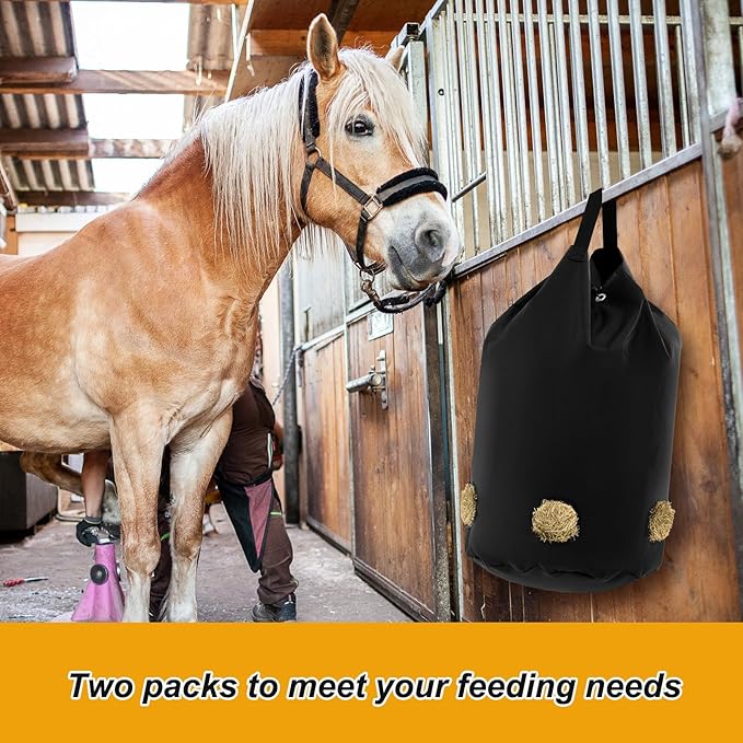 2 Pcs hay Bags for Horses Goats Slow Feed 1680D Oxford Bag Black Large Capacity Net Open Feed Hole Hay Holder for Horse Goats Sheep(5 Holes)