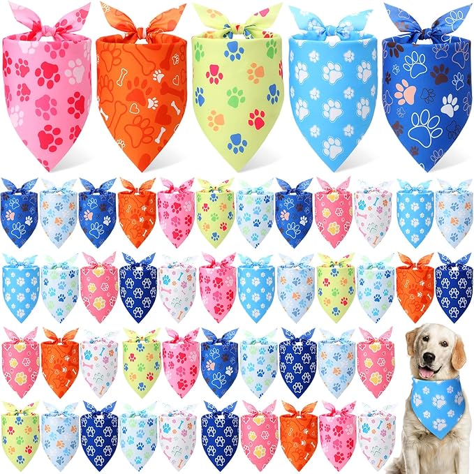Weewooday 50 Pcs Paw Print Dog Bandanas Bulk for Dogs Soft Bibs Adjustable Triangle pet Bandana for Small Medium Large Costume(Paw Pattern, 25.6 x 17.7 x 17.7 Inch)