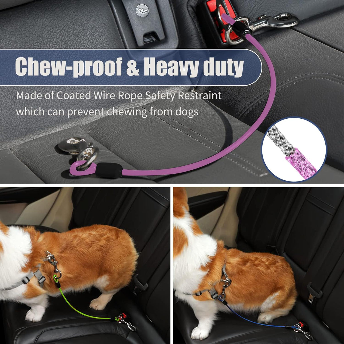 Dog Seat Belt Harness for Car,Dog Seatbelt of Coated Wire Leash Safety Restraint,No Chew Tether Cable Vehicle,Double Clips & Latch(Purple, 16 inch/40 CM)