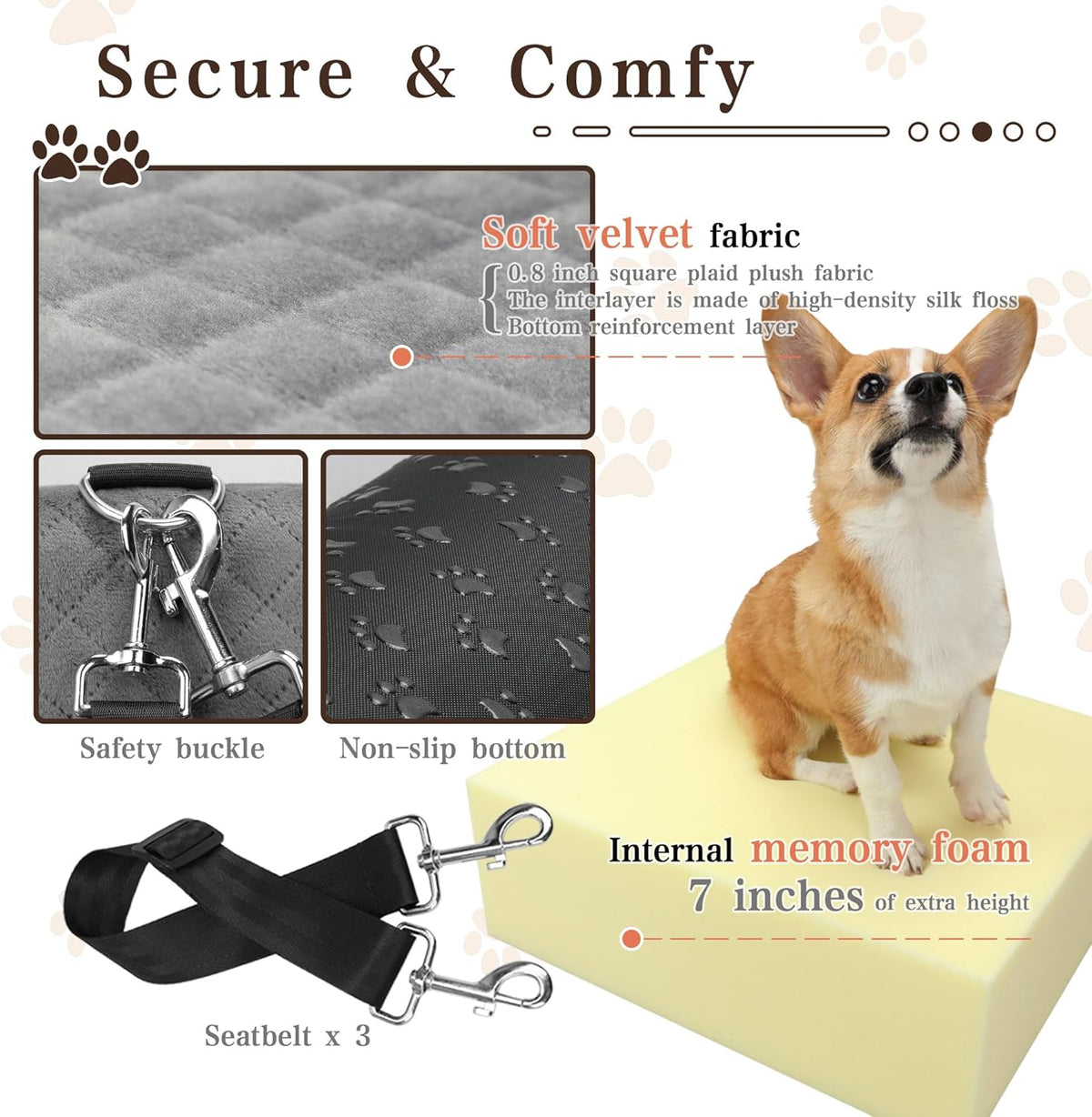 Dog Booster Car Seat with 7 Inches of Interior Height,Elevated Pet Car Seat for Small/Medium Sized Dogs,Puppy Portable Car Seat,Washable Removable Cover Travel Safety Car Seat,Easy to Use(H-Grey)