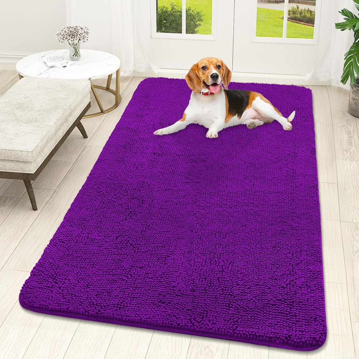 OLANLY Dog Door Mat for Muddy Paws 59x32, Absorbs Moisture and Dirt, Absorbent Non-Slip Washable Doormat, Quick Dry Chenille Mud Mat for Dogs, Entry Indoor Entryway Carpet for Inside Floor, Purple