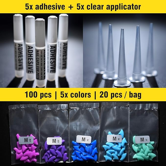 zetpo 100 pcs Cat Nail Caps | Cat Claw Covers | with Adhesives and Applicators (M, Purple, Violet, Blue, Sky Blue, Turquoise)