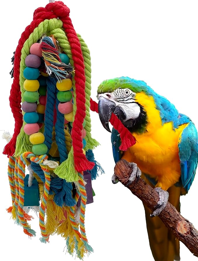 20.5 inch Parrot Chewing Toys - Wooden Block Tearing and Cotton Rope Toys for Medium Large Extra Large Parrot Conures African Grey Amazon Cockatoo and Macaw