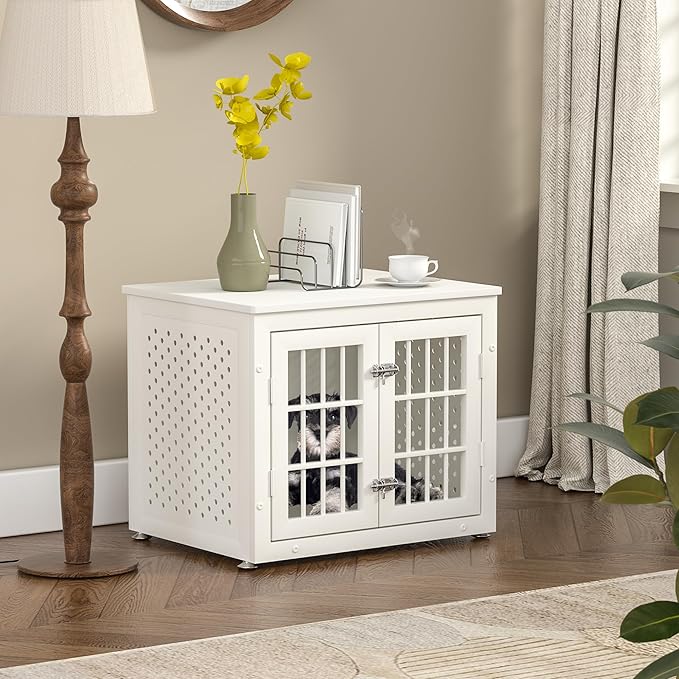 26" Heavy Duty Dog Crate Furniture for Small Dogs, Metal Kennel for High Anxiety Dogs, Chew Proof Pet Cage Indoor, Decorative Dog Kennel End Table, White