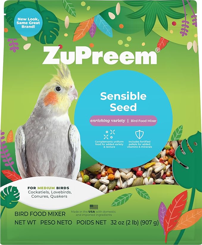 ZuPreem Sensible Seed Bird Food, Cockatiel, Lovebird, Quaker, Small Conure, Seed and Pellet Blend for Medium Birds, Food Mixer Topper, Enriching Variety, Made in the USA, (M, 2 lbs)