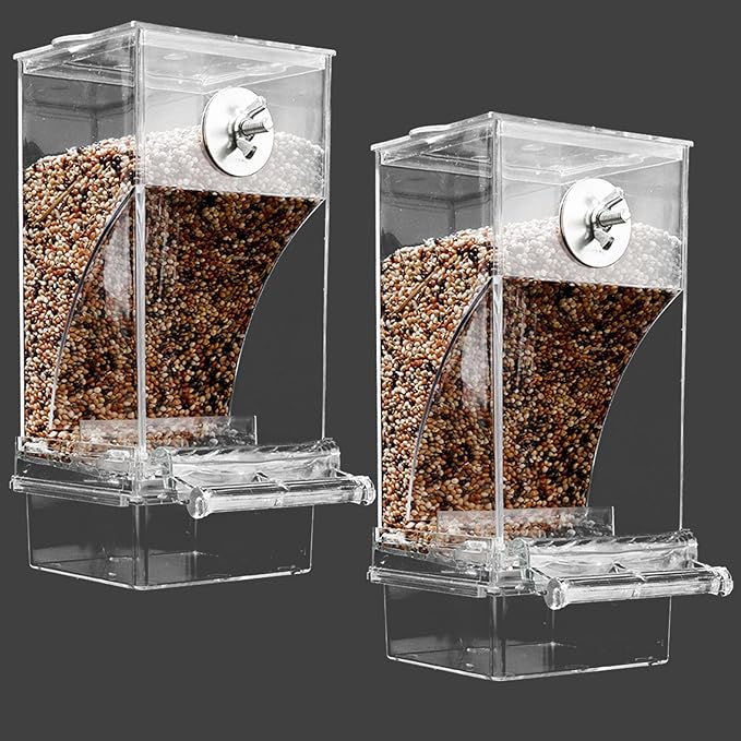 No Mess Bird Feeder for Cage, Automatic No-Spill Transparent Parrot Feeder Acrylic Cockatiel Seed Feeders with PerchParakeet Food Container Cage Accessories for Small Medium Cockatoo Finch