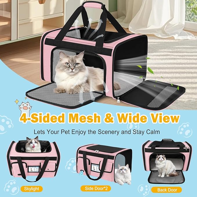 HUANLANG Soft-Sided Cat Carrier Airline Approved,Dog Carriers for Small Dogs Medium Cats,Pet Travel Carrier Up to 20 Lbs,Collapsible Cat Bag
