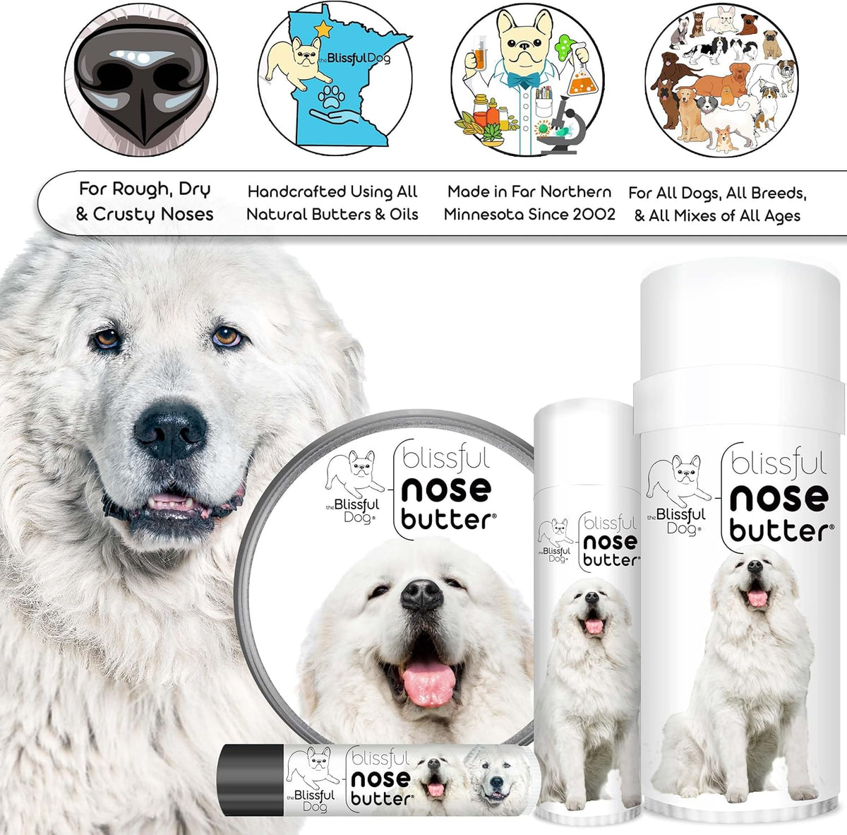The Blissful Dog Great Pyrenees Nose Butter, Versatile Dog Nose Balm for Dry Nose, Handcrafted Nose Moisturizer, Easy-to-Apply Dog Essentials, Unscented, 2 oz.
