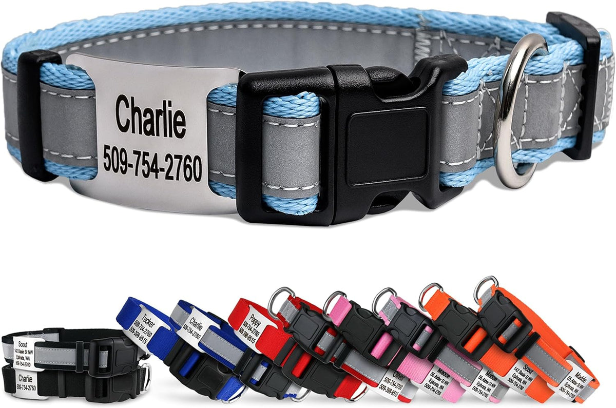 GoTags Reflective Personalized Dog Collar with Nameplate, Adjustable Dog Collar with Custom Engraved Steel Slide On Pet ID Tag, Silent, No Noise Dog Tag for Large Medium or Small (Light Blue, Large)