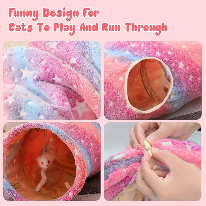 Cat Tunnels for Indoor Cats with Plush Toys Collapsible Glows in The Dark Dog Cat Tunnel Tube Toys Photoluminescent for Indoor Cats Small Dogs Puppy Kitten Rabbit Bunny Ferret Pet Rainbow