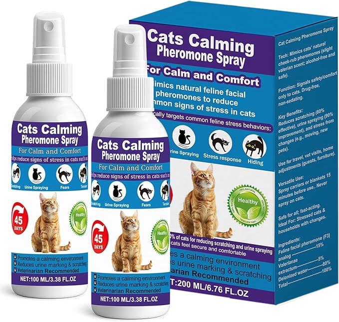 【𝐇𝐢𝐠𝐡𝐥𝐲 𝐄𝐟𝐟𝐞𝐜𝐭𝐢𝐯𝐞】Cat Calming Pheromone Spray for Stress & Anxiety Relief – Reduces Scratching, Urine Spraying, Hiding – Drug-Free & Vet Recommended – with F3 Facial Pheromone 6.76oz
