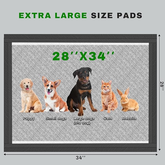 Charcoal Puppy Pads 28x34 Inches Extra Large Dog Pee Pads Odor-Control & Leak-Proof Disposable Pet Training Edge-Wrapping Thicken Potty Pad for Dogs, Cats, Rabbits (50 Pieces)