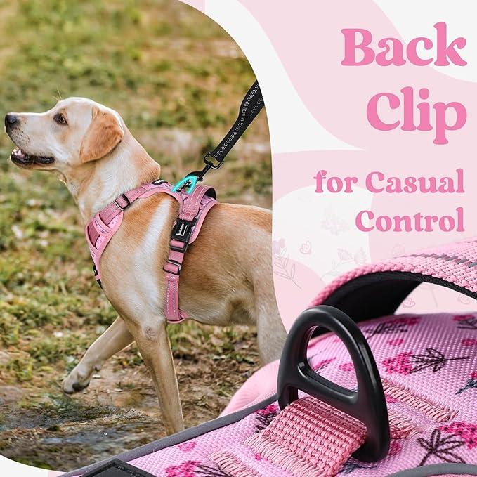 rabbitgoo Dog Harness for Large, No Pull Pet Harness with 3 Buckles, Adjustable Soft Padded Vest with Control Handle, Walking Reflective Pet Vest for Large Dogs, Floral Pink, L
